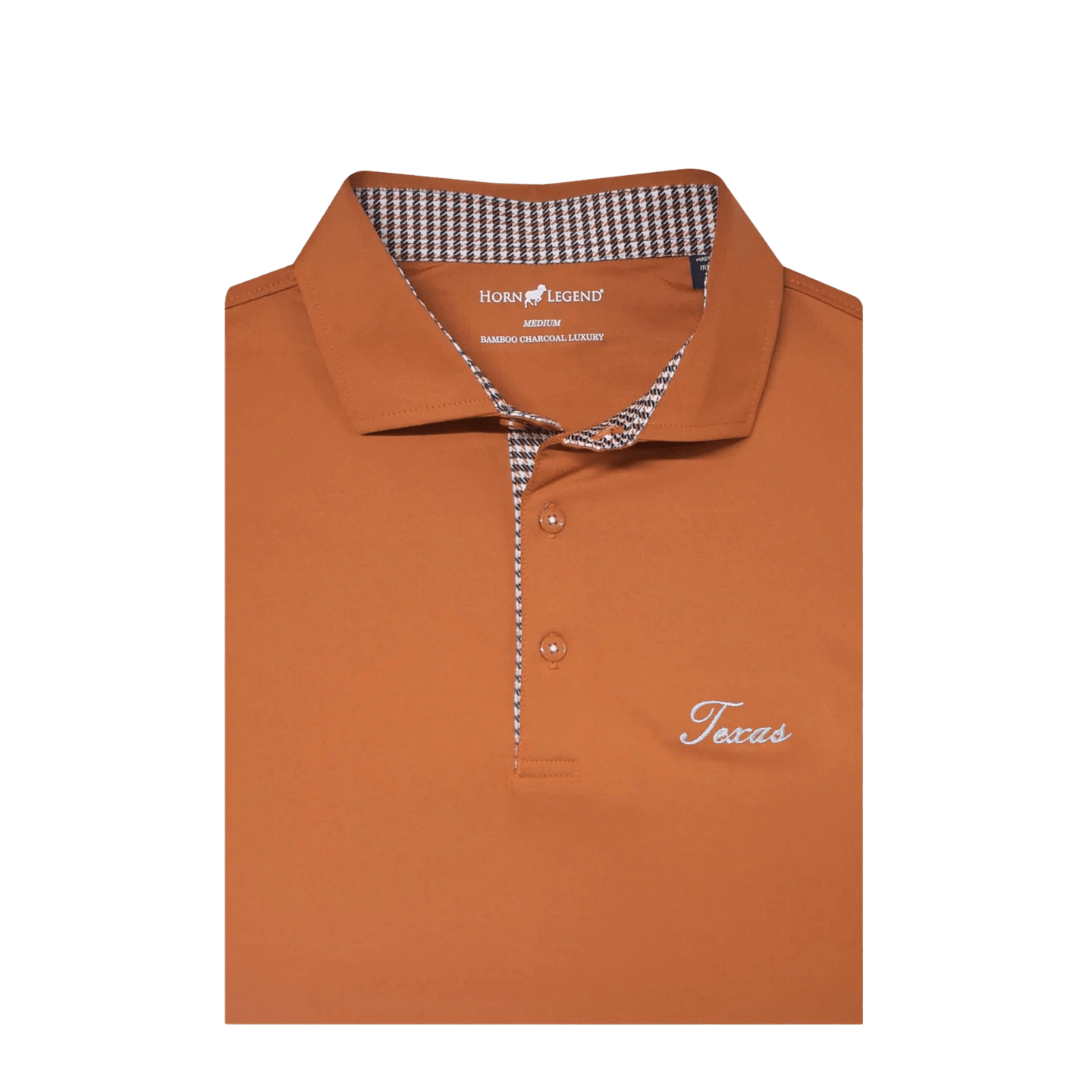 HORN LEGEND GAMEDAY - UNIVERSITY OF TEXAS - AUSTIN - POLOS BURNT ORANGE/BLK / S TEXAS SOLID HOUNDSTOOTH TRIM POLO