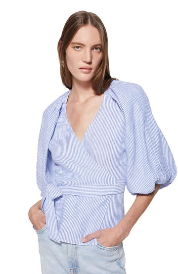 JONATHAN SIMKHAI WOMENS - CANTERBURY COVE STRIPE / S KATRINA STRIPED LINEN SHIRT PUFF WRAP TOP