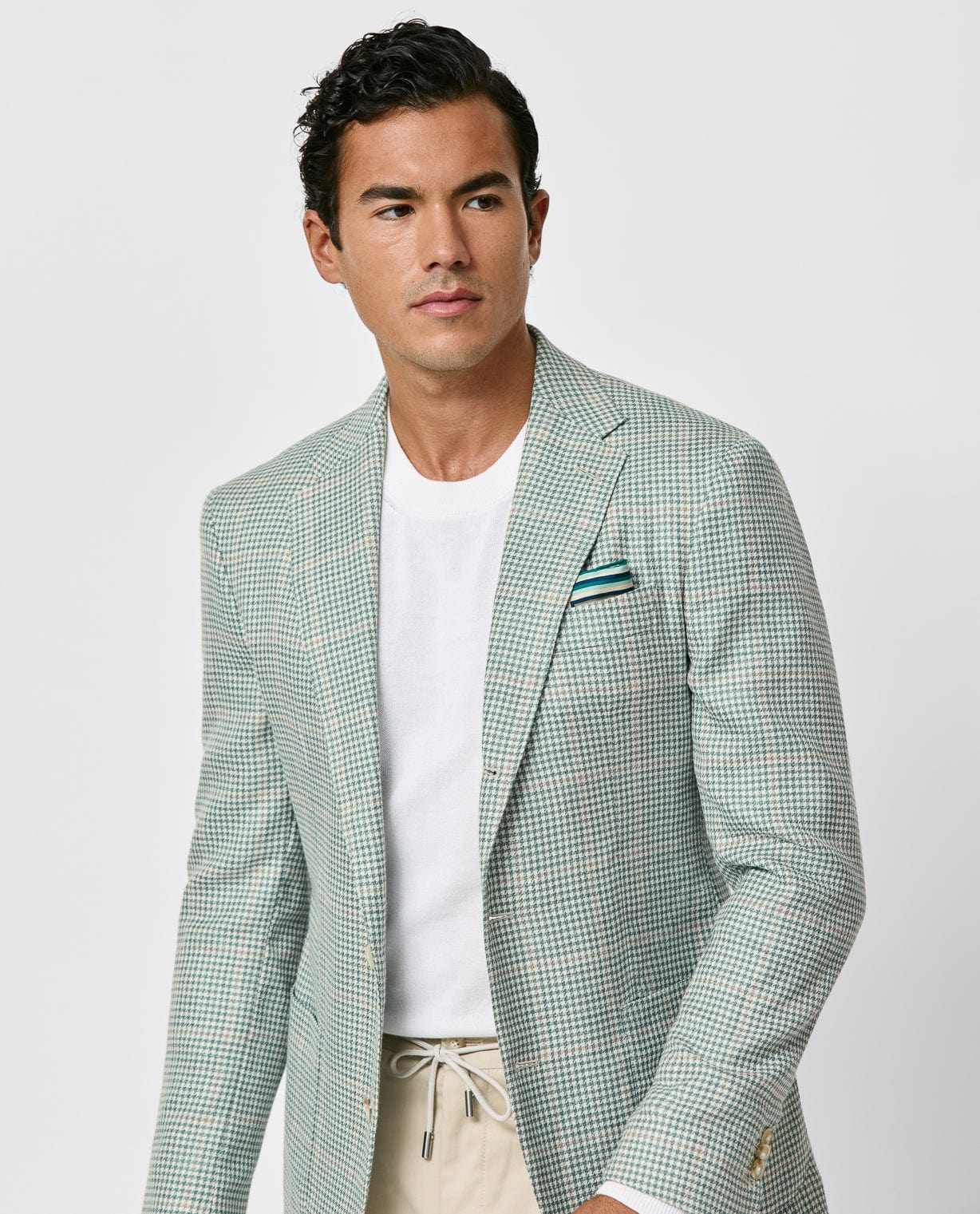 MUNRO SPORT COAT Light Green & Ivory Houndstooth