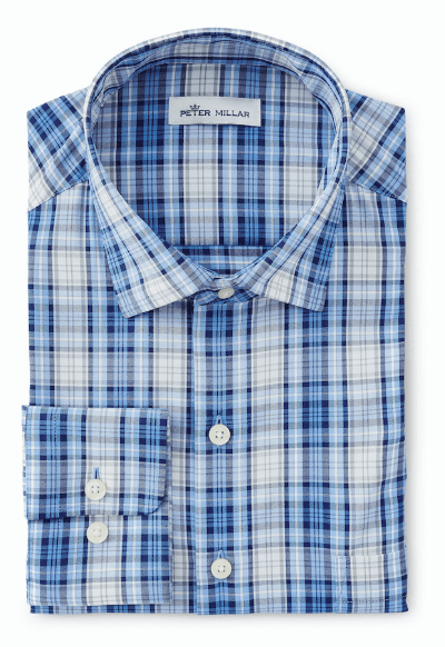 PETER MILLAR L/S SPORT LIBERTY BLUE / MEDIUM ELBERT TARTAN WOVEN PERFORMANCE STRETCH (Last one!)